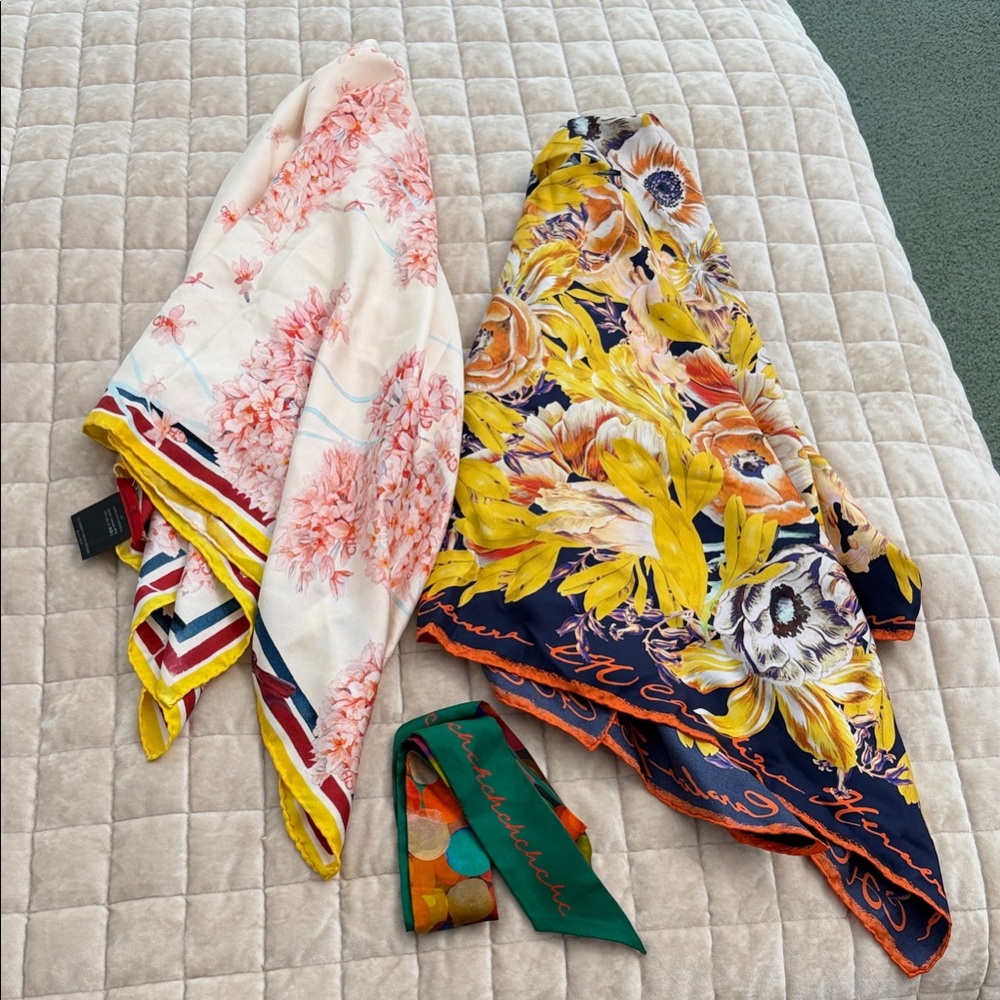 Carolina Herrera Floral Silk Scarves in Cream, Pink, Yellow, Navy & Green